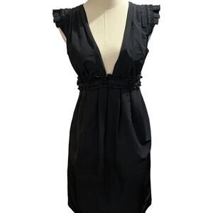 Vera Wang Cocktail Party Black Plunge V-Neck Empire Waist Ruffle Dress‎ Sz 10